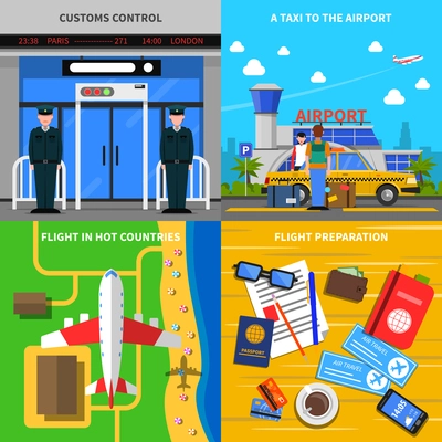 Airport departure concept 4 flat icons square composition with travel documents and custom control abstract isolated vector illustration