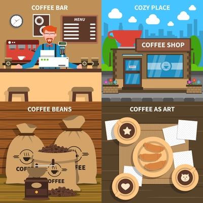 Coffee shop 4 flat icons square composition conceptual poster at cozy art design cafe abstract isolated illustration vector