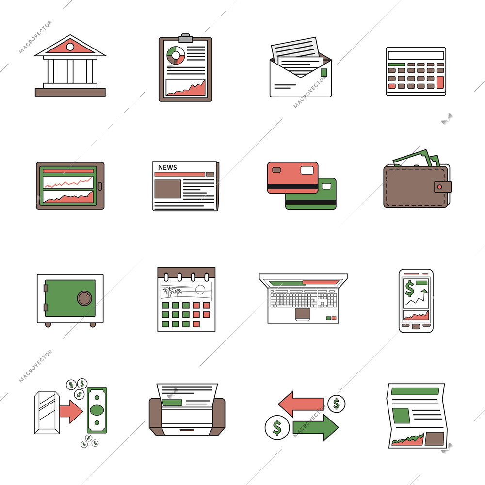 Bank icons outline set with financial investment and salary symbols isolated vector illustration