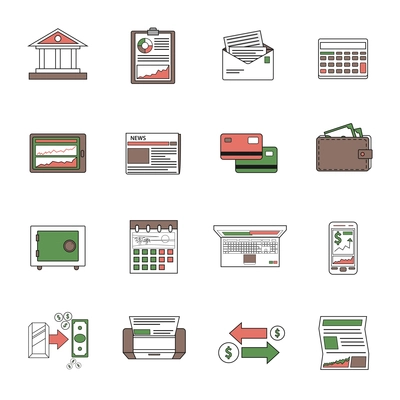 Bank icons outline set with financial investment and salary symbols isolated vector illustration