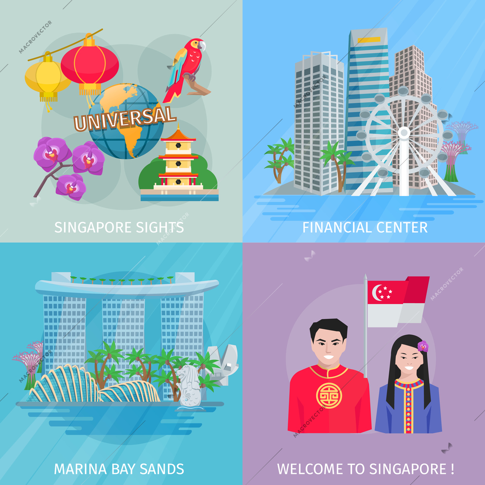 Singapore sights 4 flat icons square banner with marina bay and financial center abstract vector isolated illustration