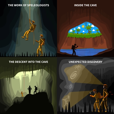 Speleologists descent into the cave underground discovery 4 flat icons square composition banner abstract isolated vector illustration