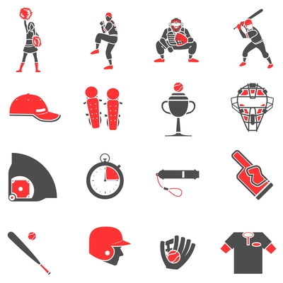 Baseball flat black and red icons set with sport equipment symbols isolated vector illustration