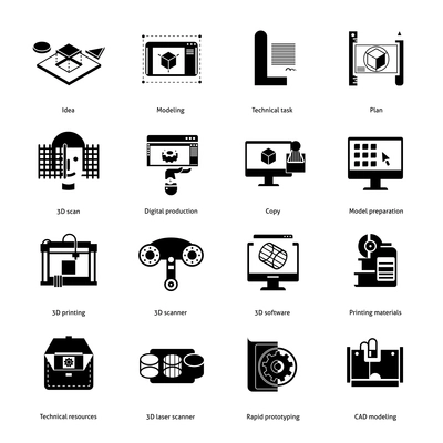Prototyping and modeling black icons set with idea and technical task symbols flat isolated vector illustration