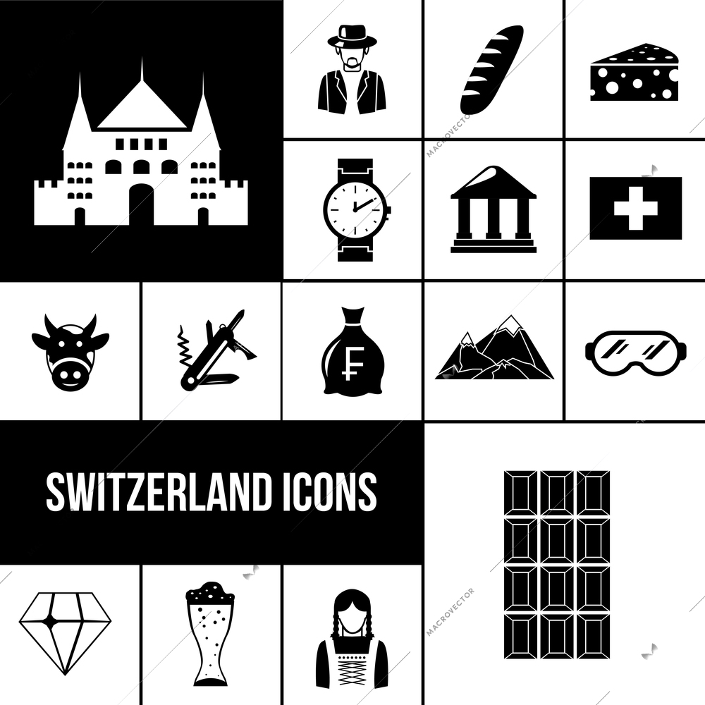 Switzerland symbols black icons set with chocolate watches beer isolated vector illustration