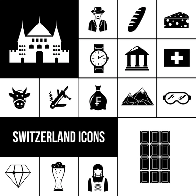 Switzerland symbols black icons set with chocolate watches beer isolated vector illustration