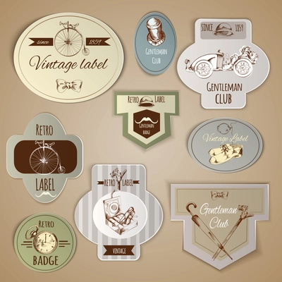 Gentleman paper labels set with sketch retro male accessories isolated vector illustration