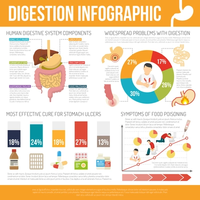 Digestion infographic set with human digestive problems symbols flat isolated vector illustration