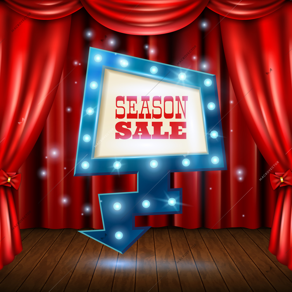 Season sale light banner on stage background with red curtain realistic vector illustration