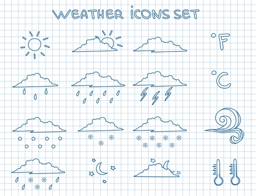 Weather forecast pictograms set of rain storm snow and wind doodle vector illustration