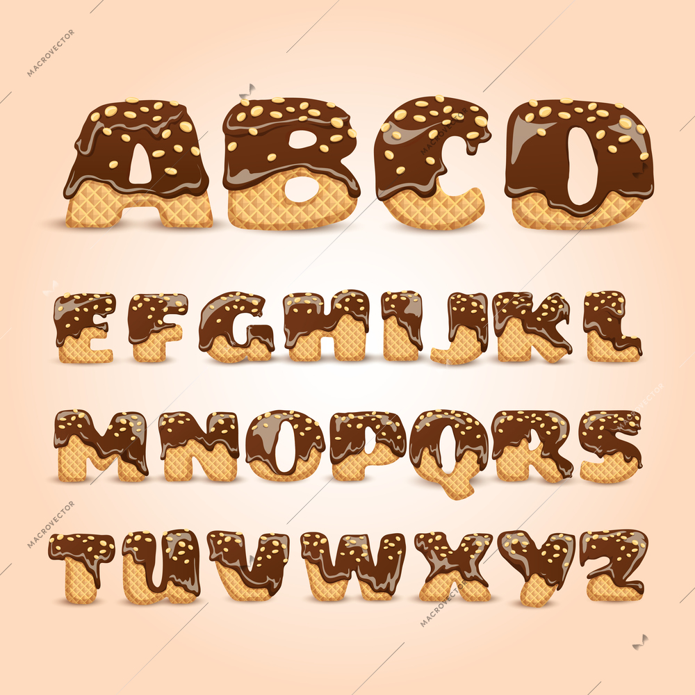 Frosted chocolate sprinkled waffles letters sweet alphabet dessert for kids pictograms collection  poster realistic abstract vector illustration