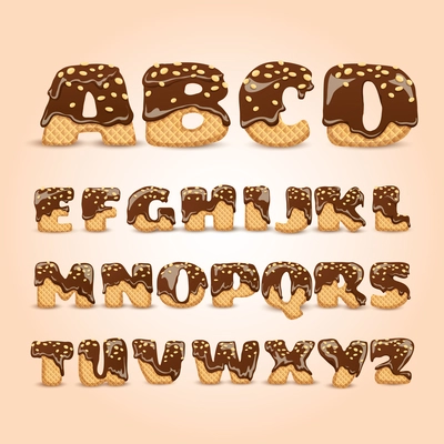 Frosted chocolate sprinkled waffles letters sweet alphabet dessert for kids pictograms collection  poster realistic abstract vector illustration