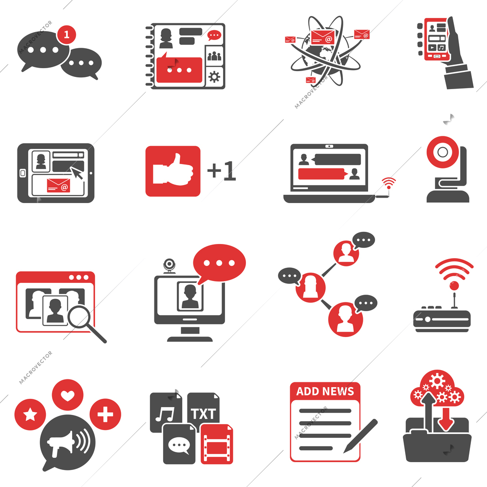 Social network red black icons set with wireless communication symbols flat isolated vector illustration