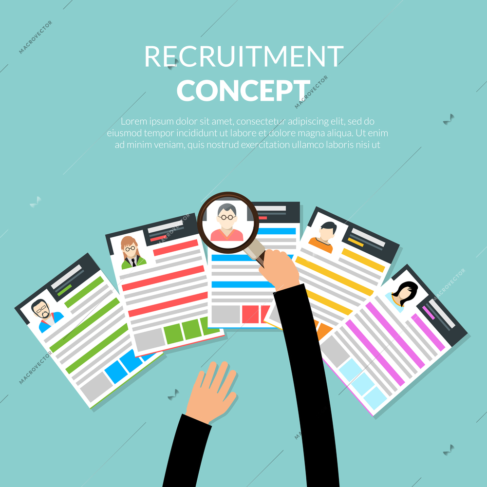 Recruiment flat concept with recruiter choosing candidates cv vector illustration