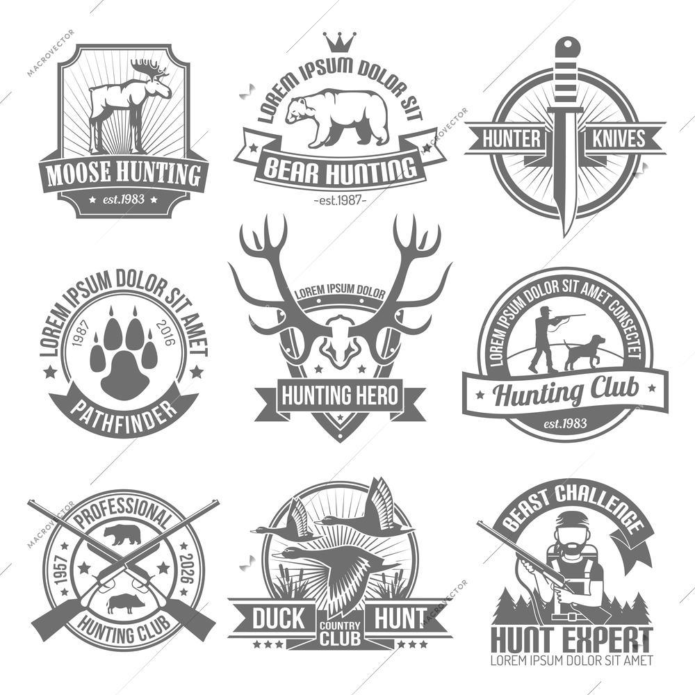 Black hunting emblems set with club ribbons and images hunter knife deer traces beast  antlers  aiming hunter with dog isolated vector illustration