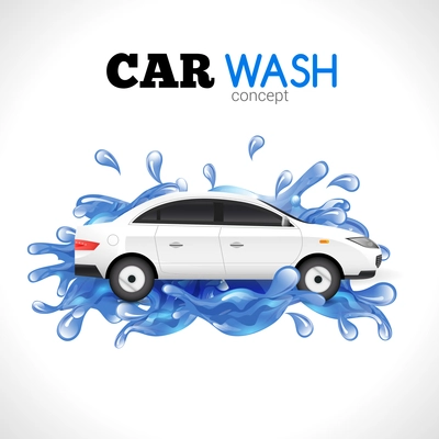 White car wash concept with blue water splashes vector illustration