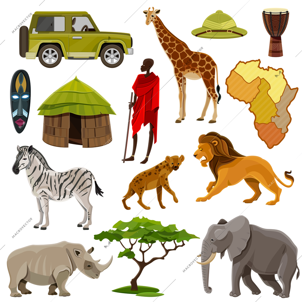 Africa cartoon icons set with zebra lion and hippo isolated vector illustration