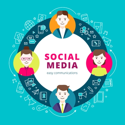 Social media group design concept set of line network icons and creative people participate in internet community flat vector illustration