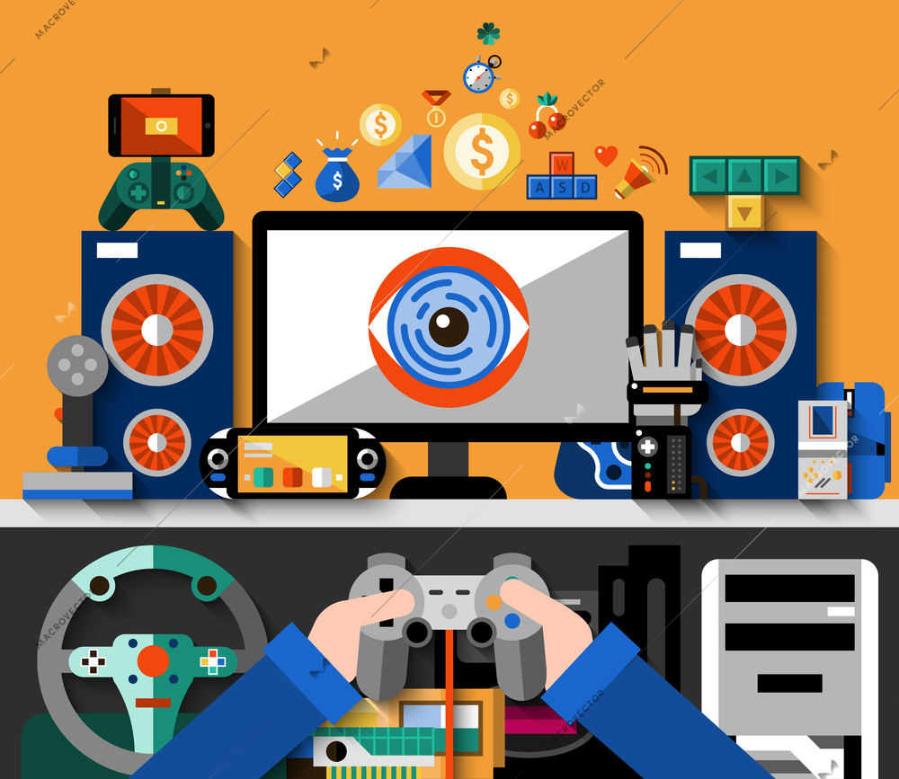 Video game concept with computer table and hands holding joystick vector illustration