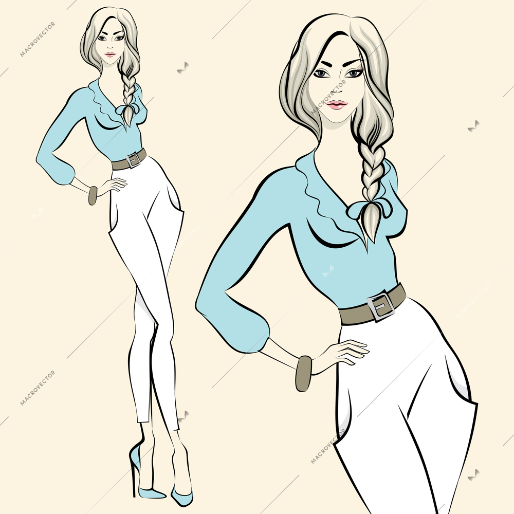 Fashion standing woman emotions in poses isolated vector illustration