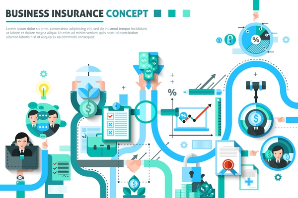 Business insurance concept with money and risk symbols flat vector illustration