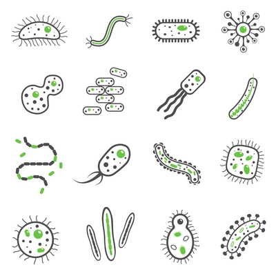 Bacteria and pathogen microbe black icons set isolated vector illustration