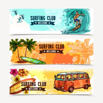 Surf horizontal banner set with sketch water sport elements isolated vector illustration
