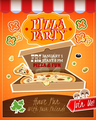 Pizza party cartoon advertising poster with date and time vector illustration