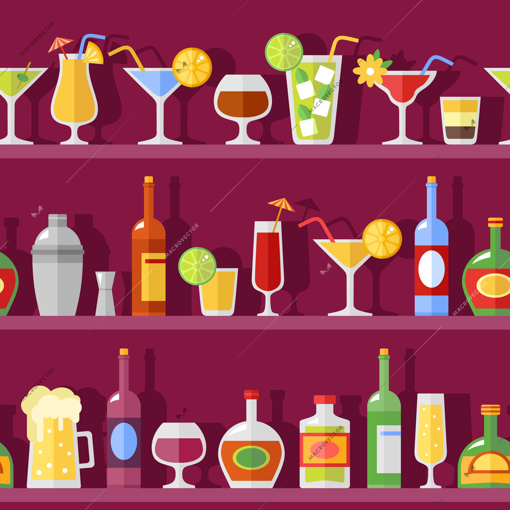 Vector background illustration with flat shadow bottles and cocktail glasses on shelves in retro style