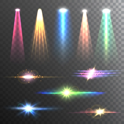 Beam lights of different color and shapes projections gleaming in the darkness composition banner abstract vector illustration