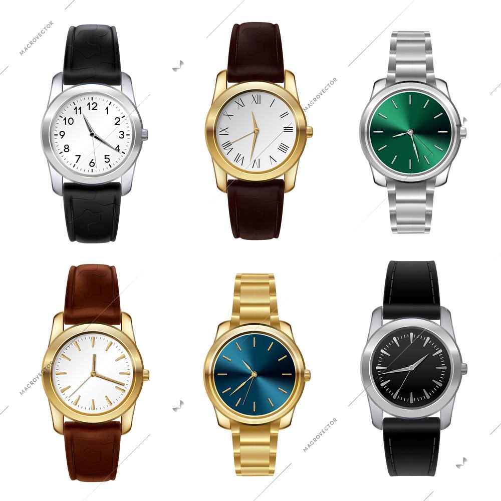 Realistic wrist watches set with leather and metal belts isolated vector illustration