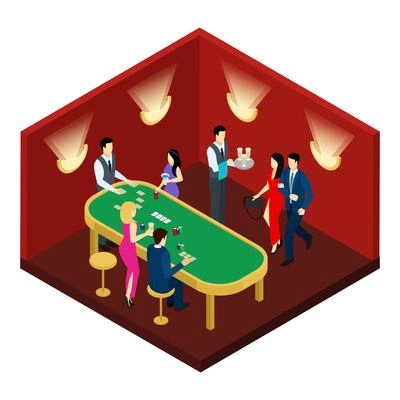 Casino and cards with people champagne and red hall isometric vector illustration