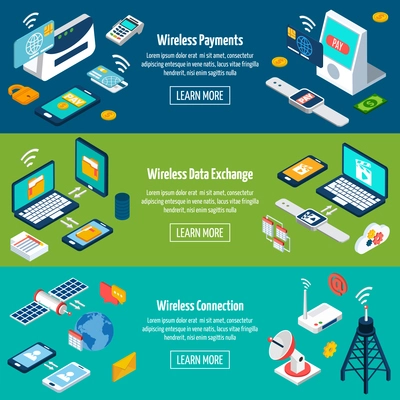 Wireless technologies horizontal banner set with isometric data exchange devices isolated vector illustration