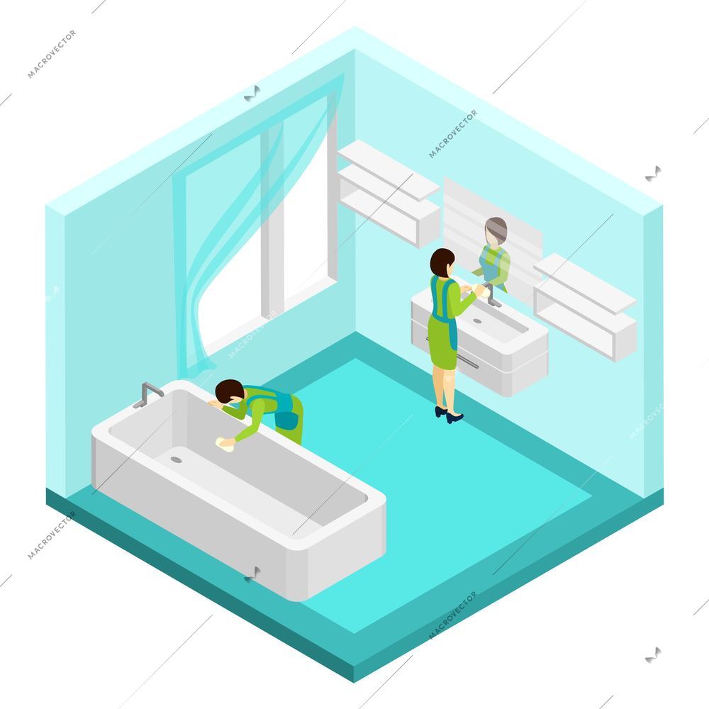 People cleaning bathroom with mirror window and bath isometric vector illustration