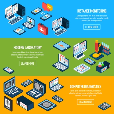 Telemedicine horizontal banners set with computer laboratory isometric elements isolated vector illustration