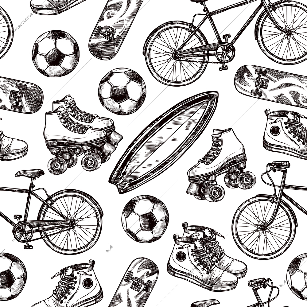 Active recreation seamless pattern with sketch skateboard soccer ball and shoes vector illustration