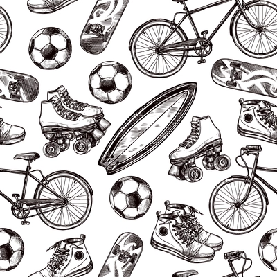 Active recreation seamless pattern with sketch skateboard soccer ball and shoes vector illustration