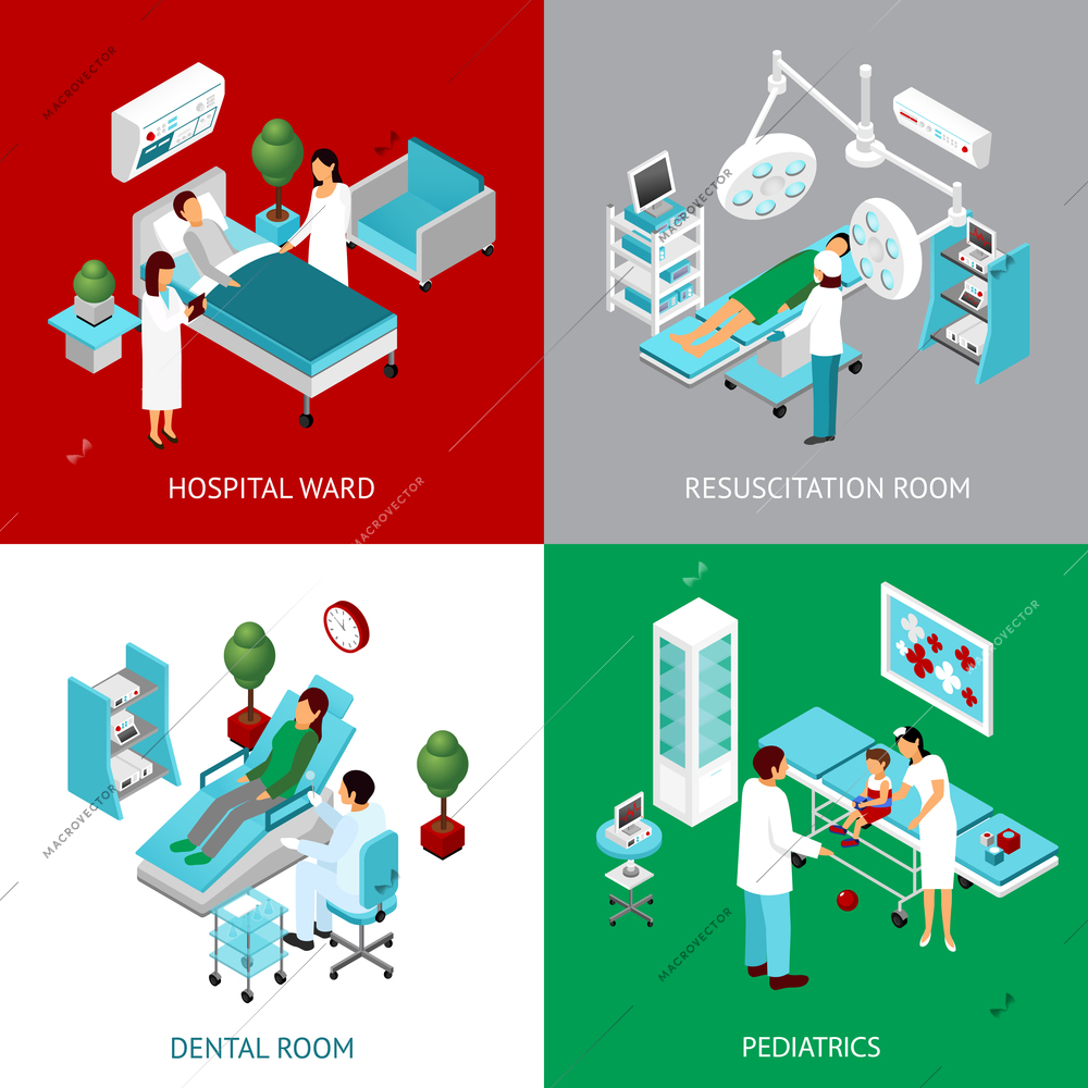 Hospital departments and resuscitation room with healthcare professional and patients 4 isometric icons square abstract vector  illustration