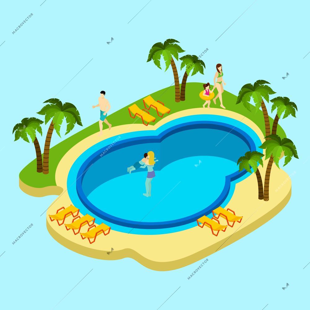 People at water park with swimming pool and palms on blue background isometric vector illustration