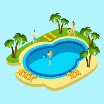 People at water park with swimming pool and palms on blue background isometric vector illustration