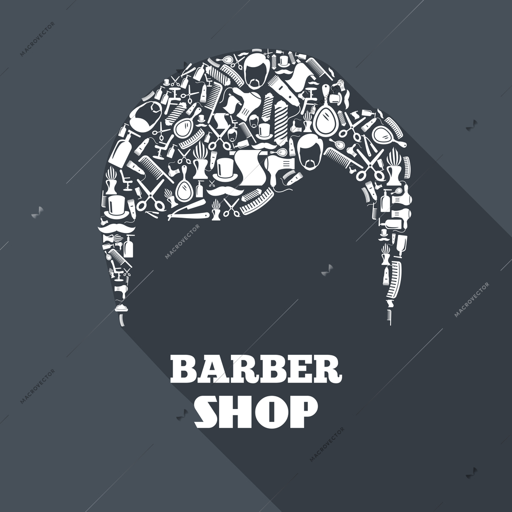 Barber shop concept with barbershop instruments in male haircut shape vector illustration