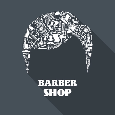 Barber shop concept with barbershop instruments in male haircut shape vector illustration