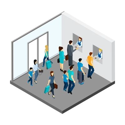 Underground people with luggage and queue for tickets isometric vector illustration