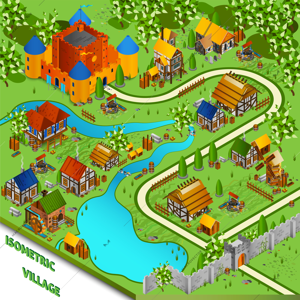 Medieval isometric landscape with river village and castle in cartoon style vector illustration