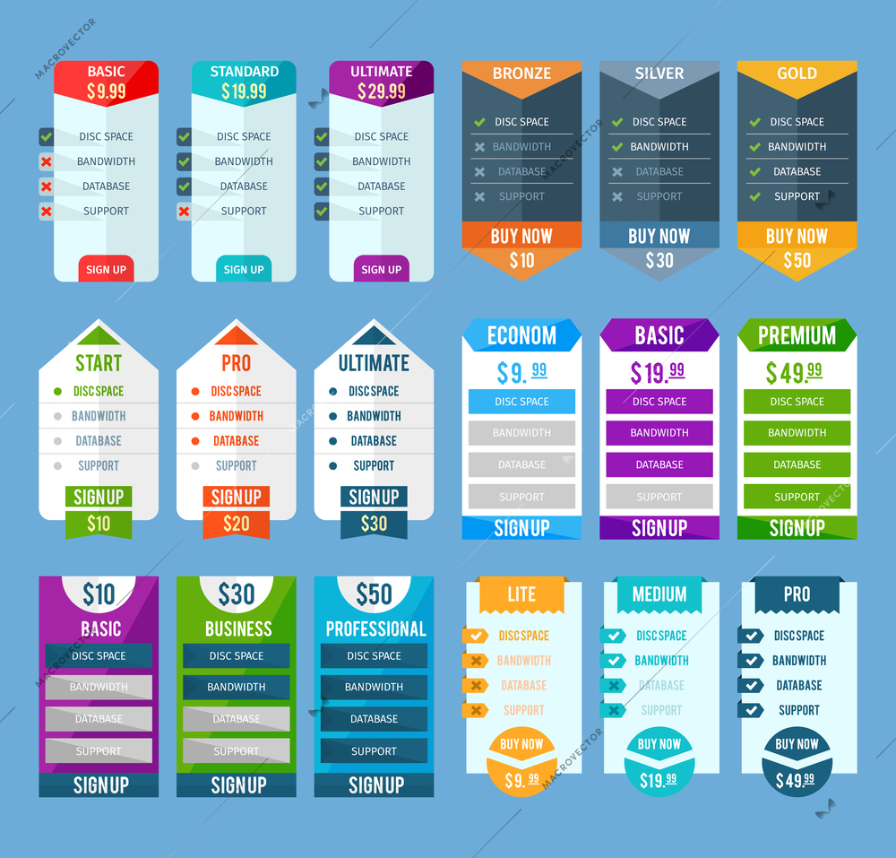 Pricing table templates set with basic standard and ultimate on blue background flat isolated vector illustration