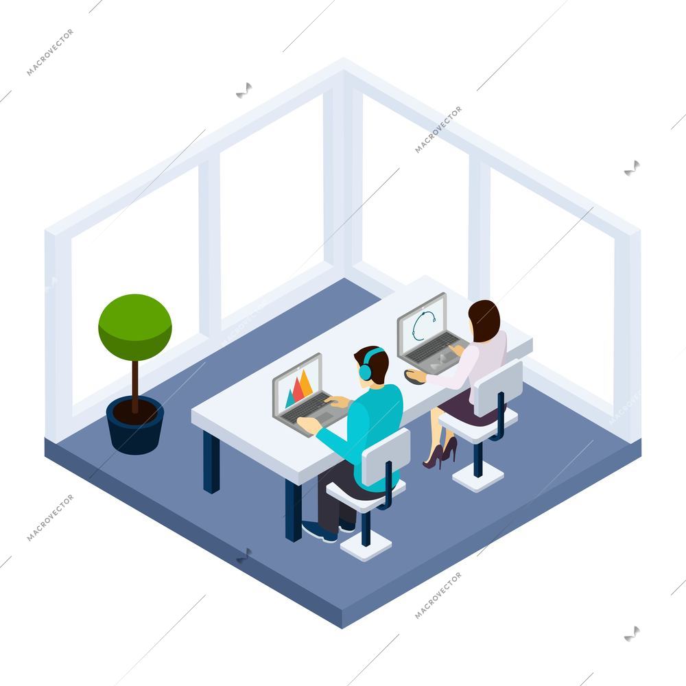 Coworking and business illustration with people working in a room isometric vector illustration