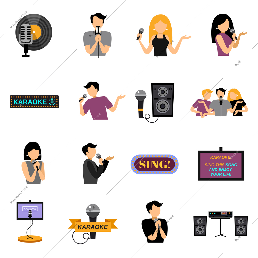 Karaoke flat icons set with people and microphones isolated vector illustration