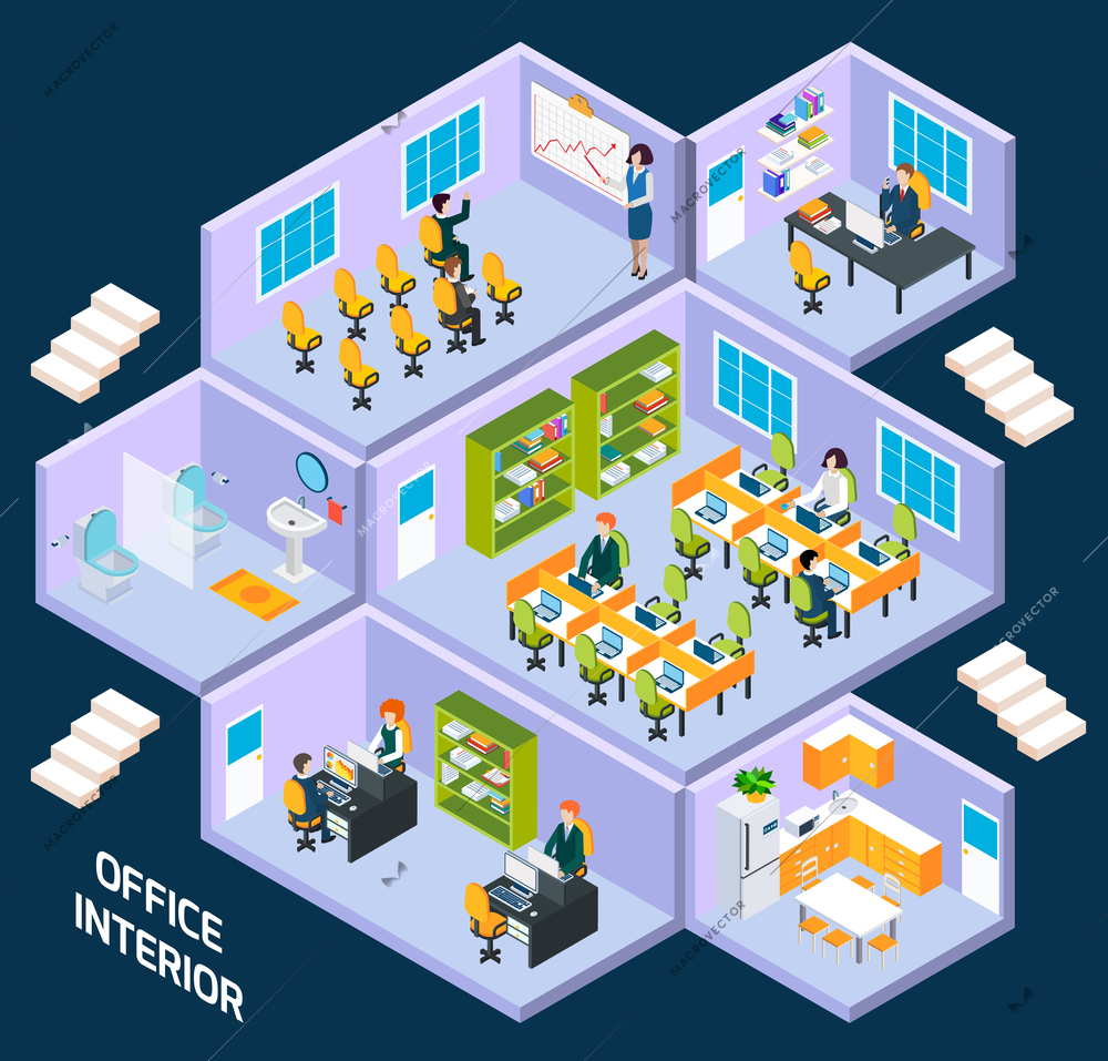 Office isometric interior with conference room, reception working space vector illustration