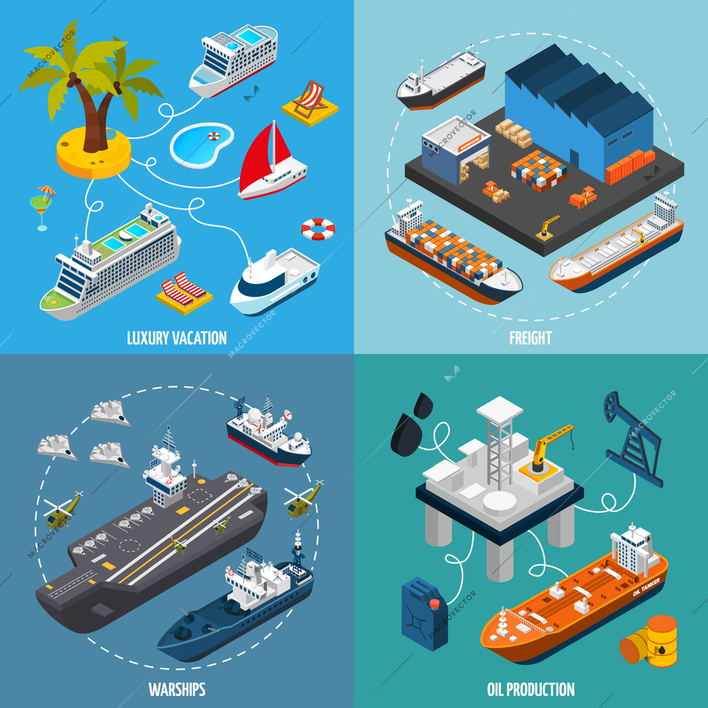 Oil tanker and luxury vacation passenger liner vessels 4 isometric icons square composition poster abstract isolated vector illustration