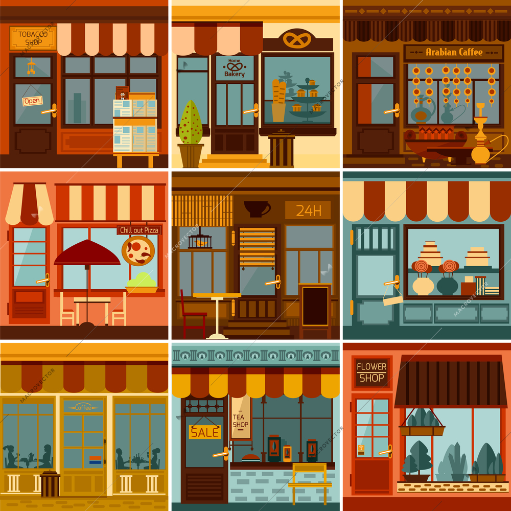 Restaurants shops caffees and market stores facades set isolated vector illustration